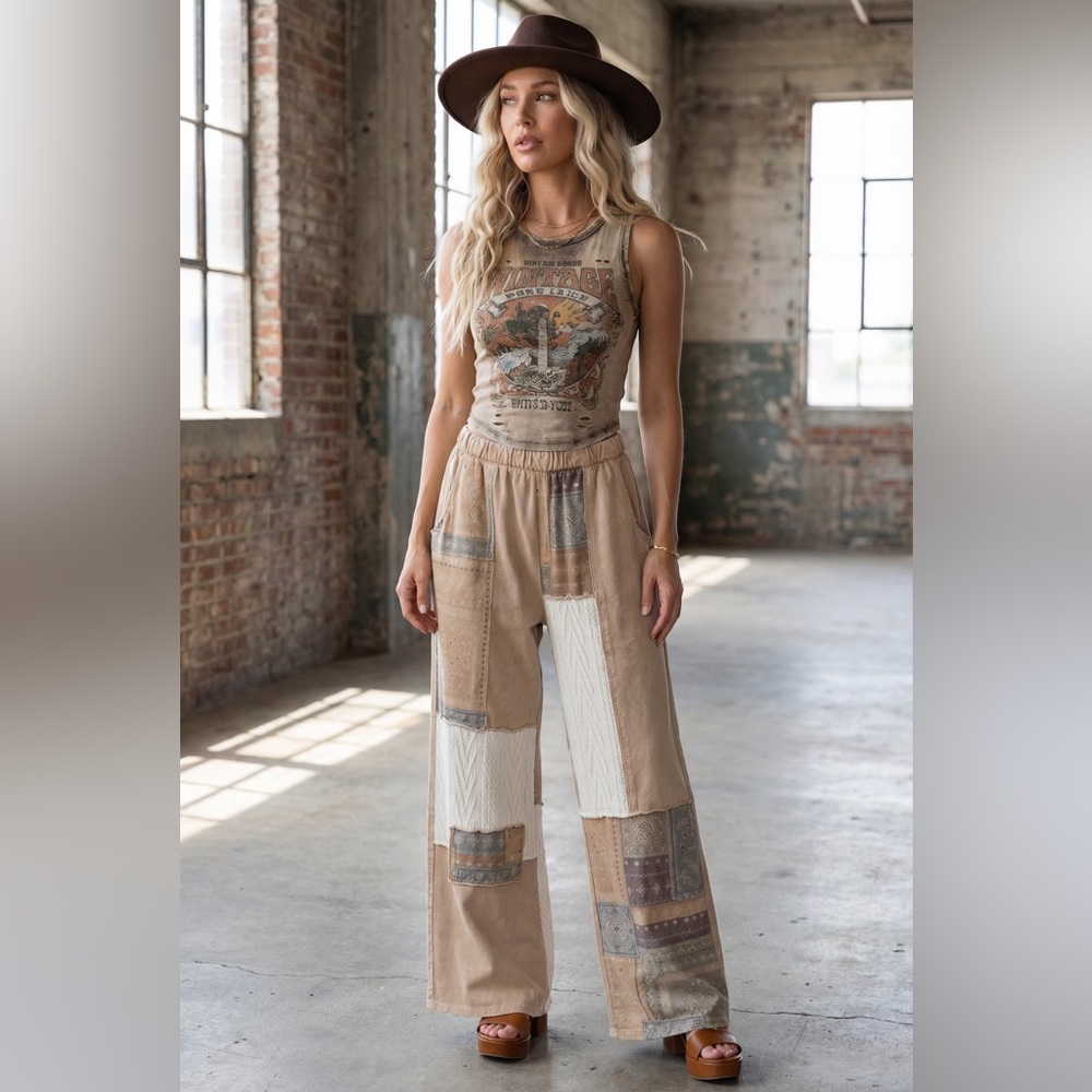 NWT J. Her Patchwork Cable Knit Bandana Boho Print Mixed Media Wide Leg Pants